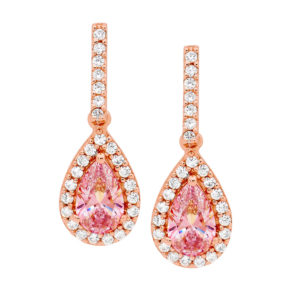 Sterling silver morganite cubic zirconia pear drop earrings, cubic zirconia surround w/ rose gold plating