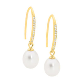 Sterling silver white cubic zirconia Drop Shp Hook Earrings w/ Freshwater Pearl & Gold Plating