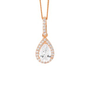 Sterling silver white cubic zirconia Pear Drop Pendant, cubic zirconia surround w/ Rose Gold Plating