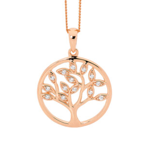 Sterling silver white cubic zirconia Tree of Life Pendant w/ Rose Gold Plating