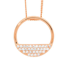 Sterling silver 28mm Open Circle Pendant, 3 rows white cubic zirconia w/ Rose Gold Plating